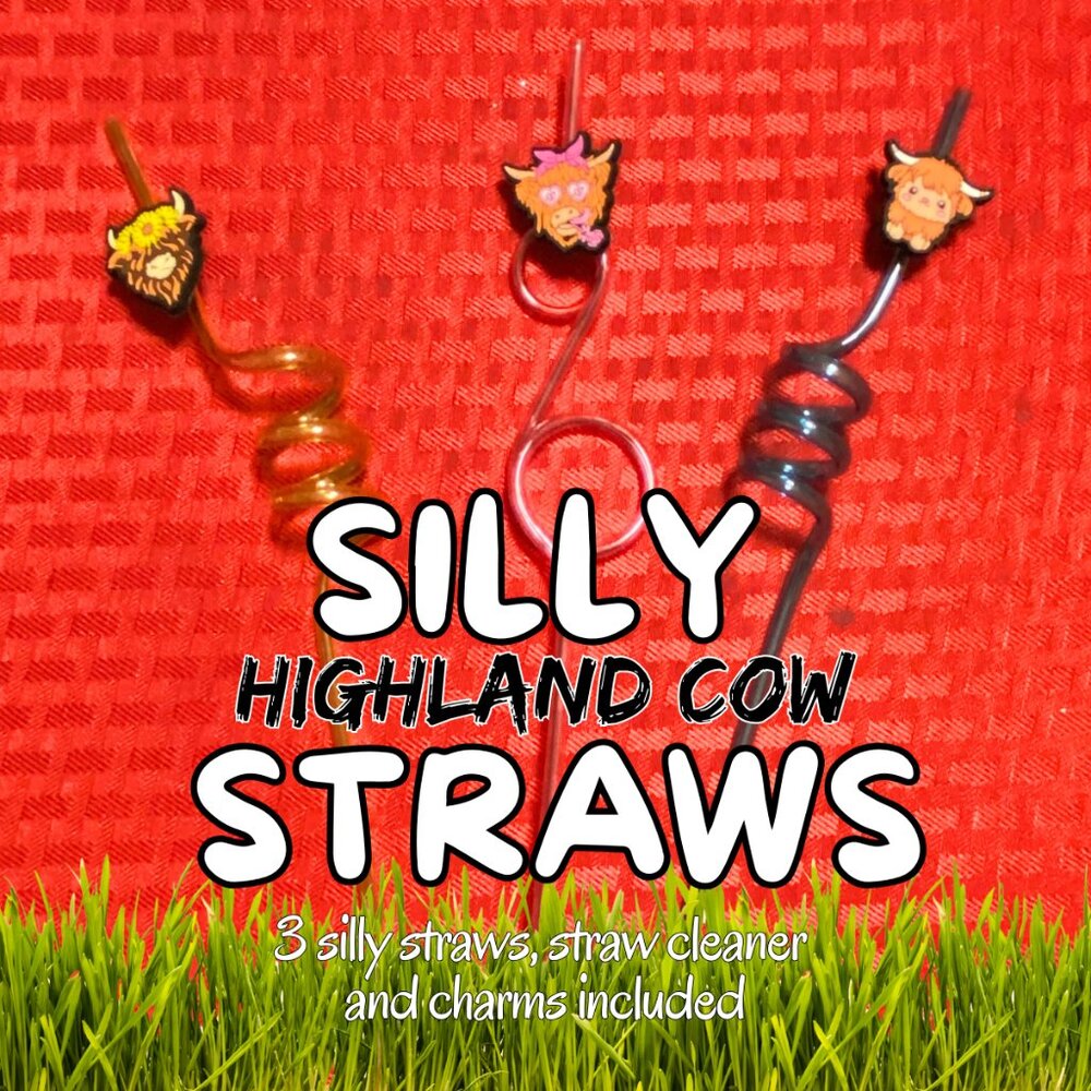 Silly Highland Cow Straw Bundle of 3 - RED, ORANGE & BLUE